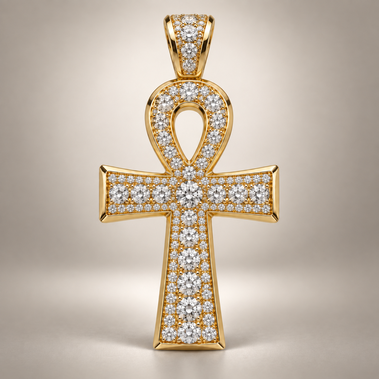 Custom gold and diamond Ankh pendant detail view