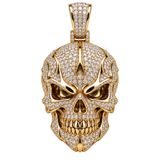 Custom gold and diamond Fire Skull pendant close up