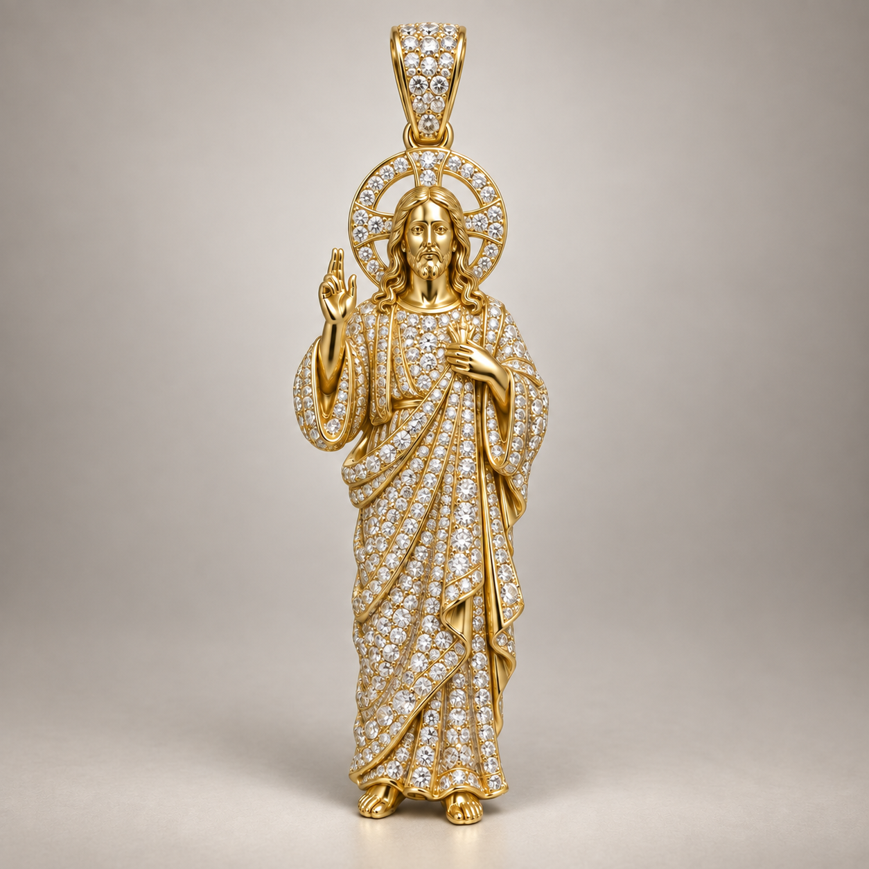 Custom gold and diamond Jesus full figure pendant angled view