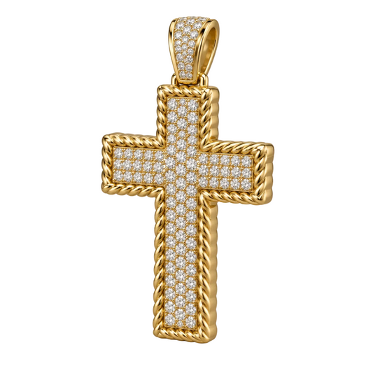 Custom gold and diamond Rope Bezel Cross pendant front view