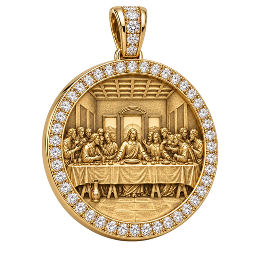Custom gold and diamond Round Last Supper pendant front view