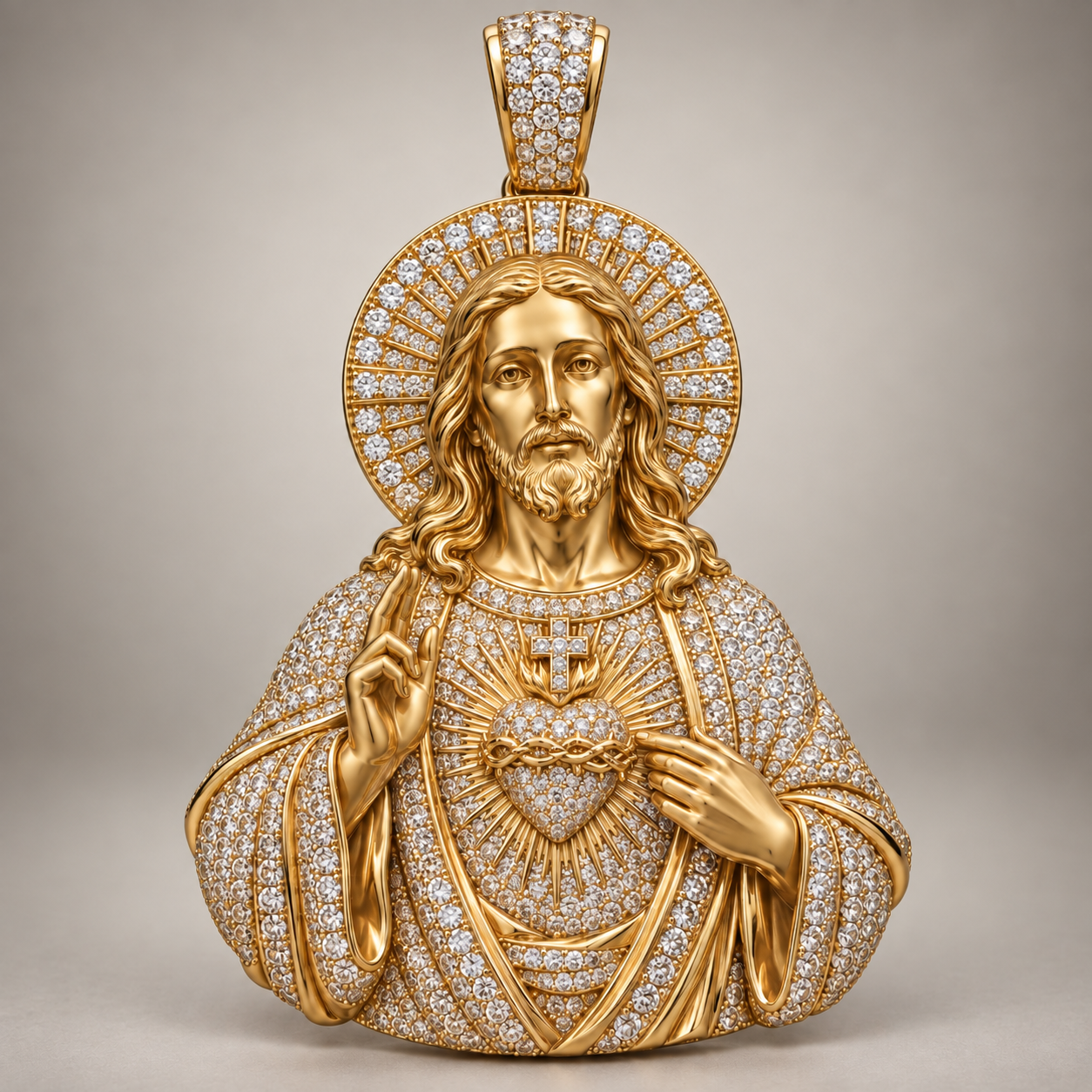 Custom gold and diamond Sacred Heart pendant detail view