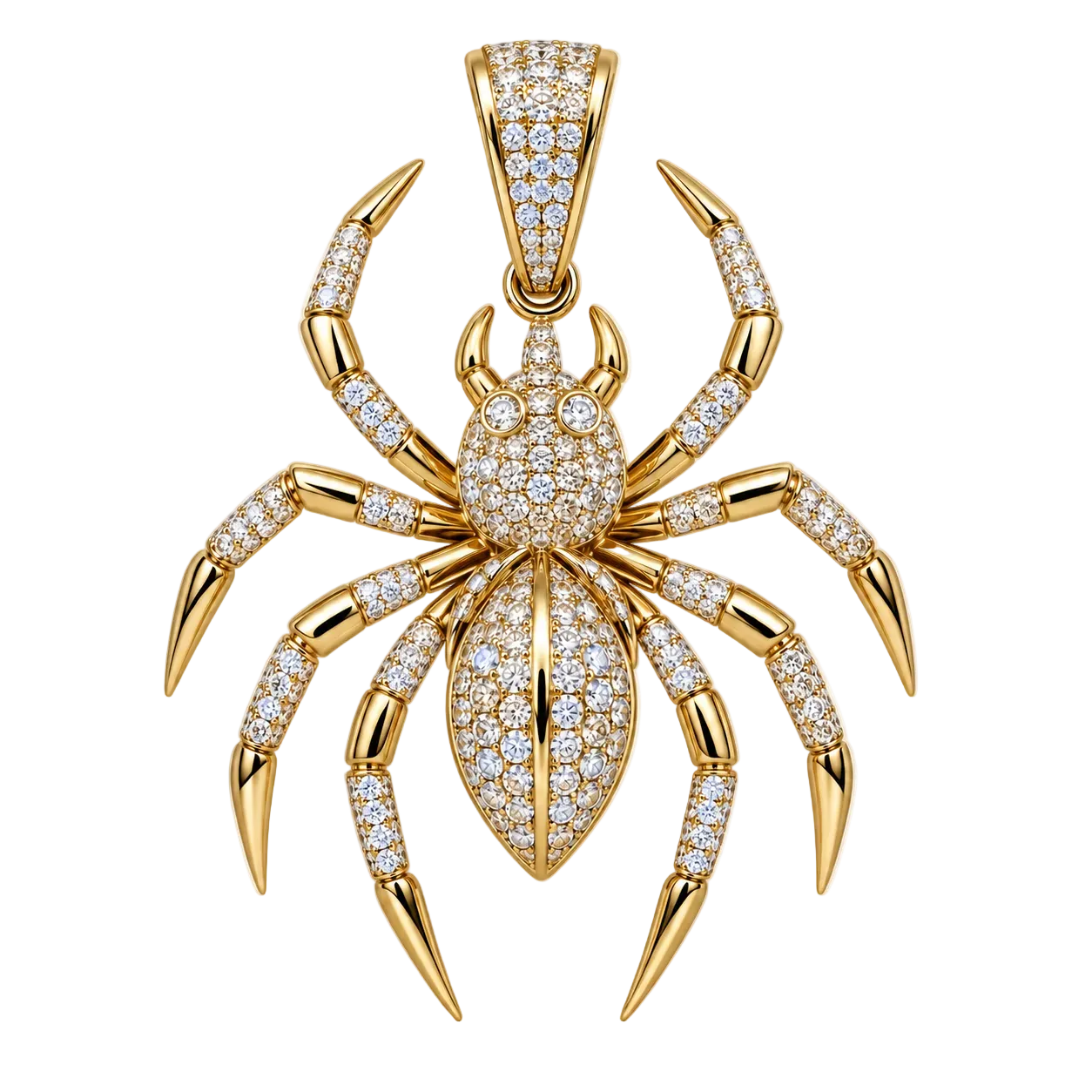 Custom gold and diamond Spider pendant angled view