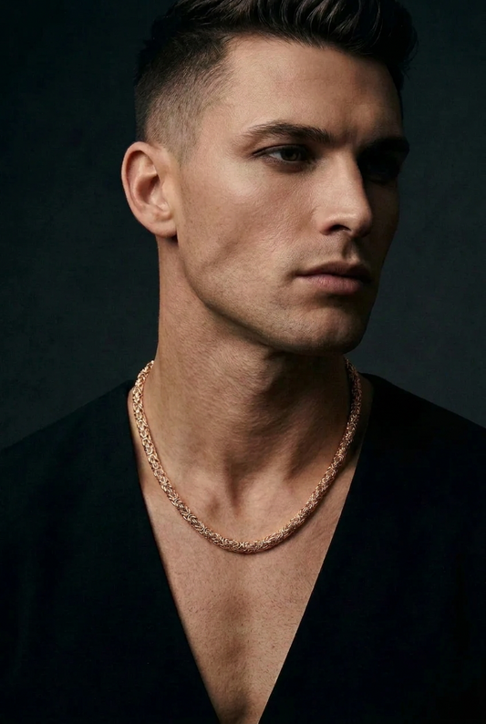 Rose gold Byzantine necklace, worn by a man