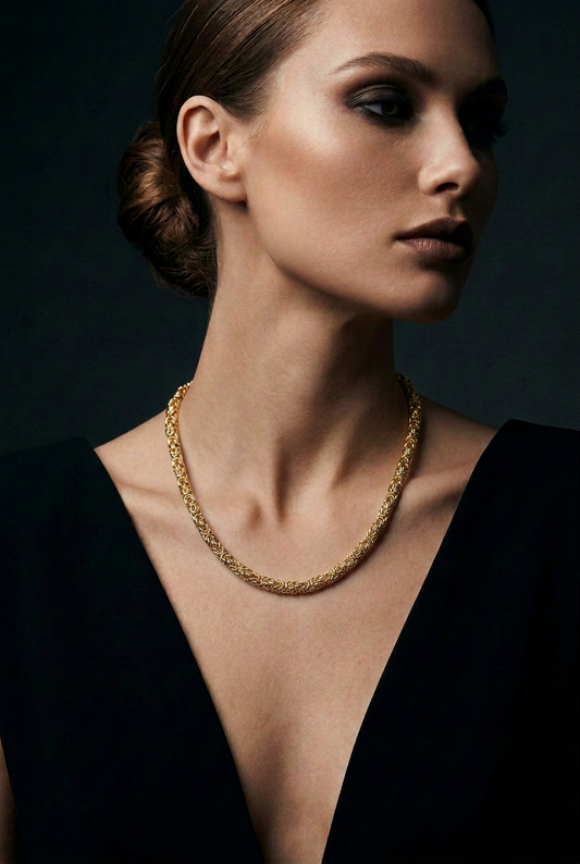 10K Yellow Gold Semi-Solid Byzantine Necklace, worn by a woman