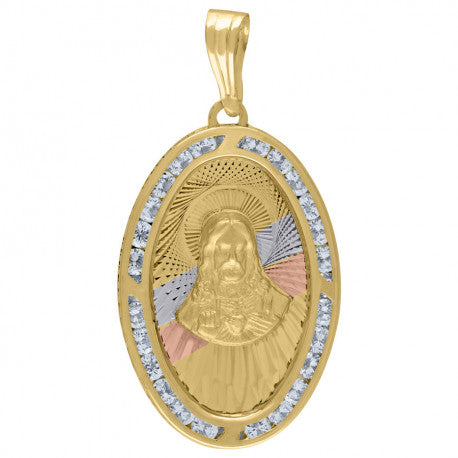 10kt Tri-Color Gold Unisex Cubic Zirconia Religious Oval Charm Pendant