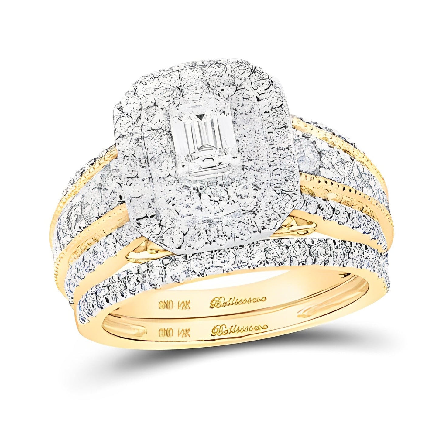 14K Two-Tone Gold Emerald Diamond Halo Bridal Wedding Ring Set 2 CT-TW (CERTIFIED)