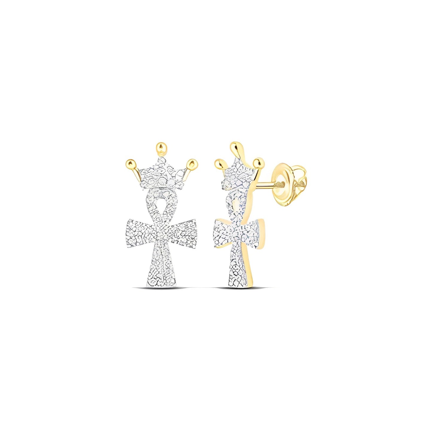 10K YELLOW GOLD ROUND DIAMOND CROWN ANKH CROSS EARRINGS 1/4 CTTW
