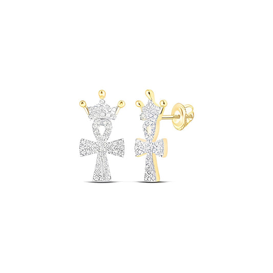 10K YELLOW GOLD ROUND DIAMOND CROWN ANKH CROSS EARRINGS 1/4 CTTW
