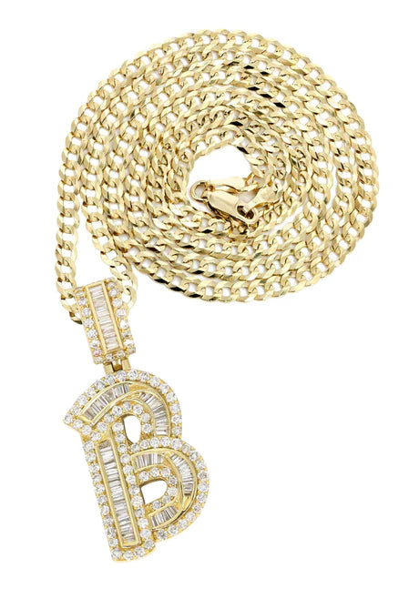 14K Yellow Gold Letter "B" Baguette Diamond Pendant