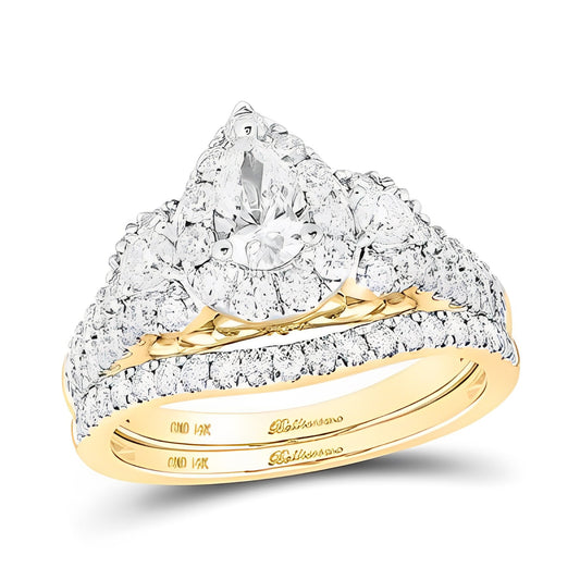 14K Two-Tone Gold Pear Diamond Halo Bridal Wedding Ring Set 1-1/2 CT-TW (CERTIFIED)