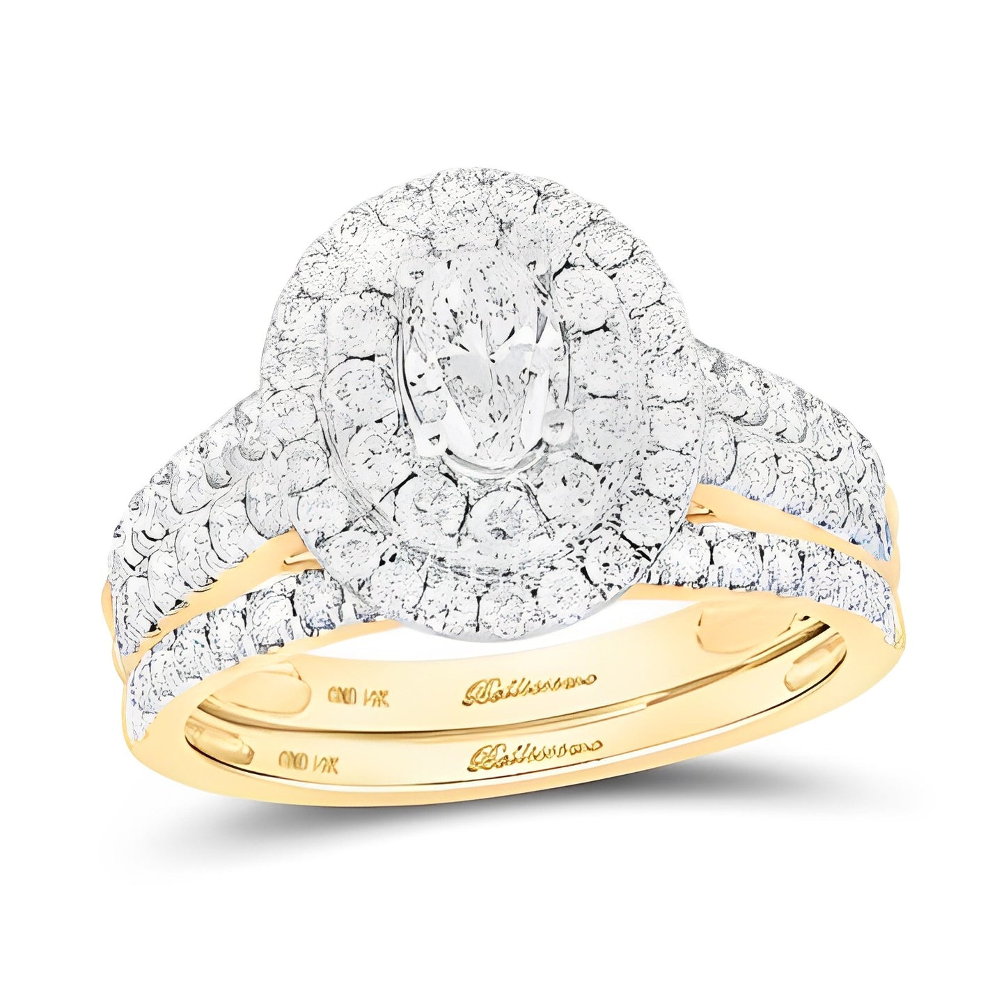 14K Two-Tone Gold Oval Diamond Halo Bridal Wedding Ring Set 2 CT-TW (CERTIFIED)