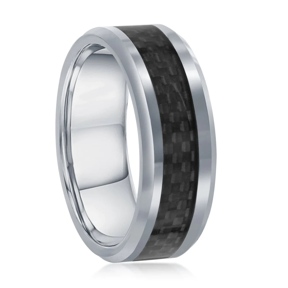 Tungsten Ring - Polished Silver & Black Carbon Fiber