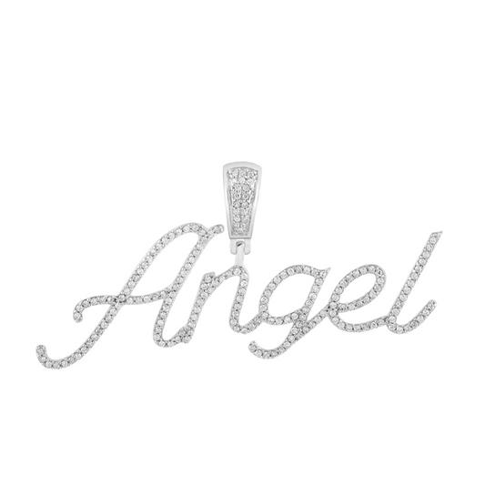 Mens Round Diamond ANGEL Name Charm Pendant in 10KT White Gold