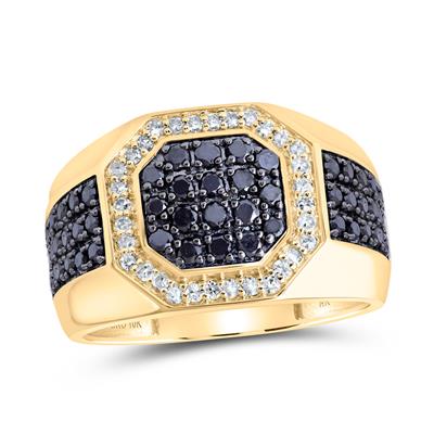 10K YELLOW GOLD ROUND BLACK DIAMOND OCTAGON RING 1-1/5 CTTW