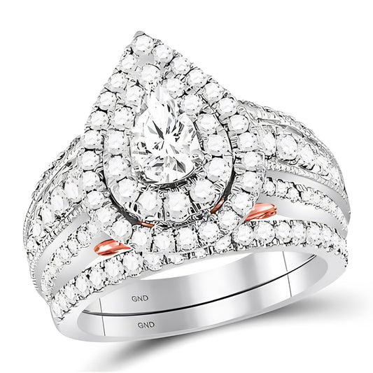 14K TWO-TONE GOLD PEAR DIAMOND BRIDAL WEDDING RING SET 2 CTTW (CERTIFIED)