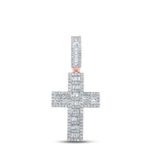 Mens Baguette Diamond Cross Charm Pendant in 10KT Rose Gold