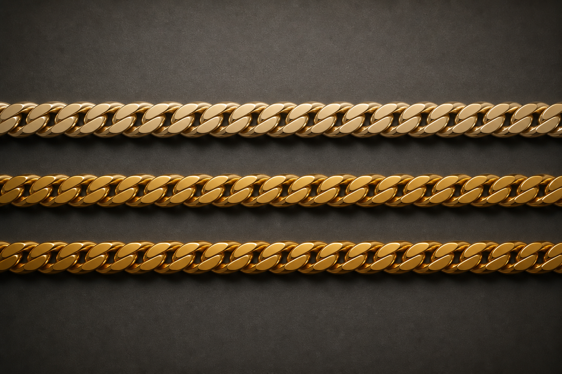 Three yellow gold Cuban link chains showing the colour difference between 10K, 14K and 18K gold
