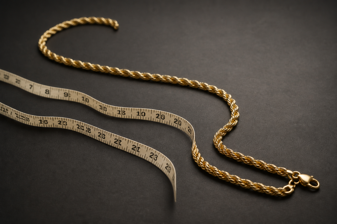 A gold rope chain laid in a curve next to a cloth tailor's measuring tape