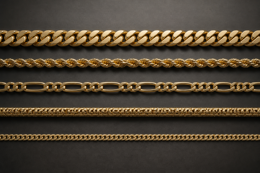 Cuban link, rope, Figaro, herringbone and thin curb gold chains shown side by side on a dark background