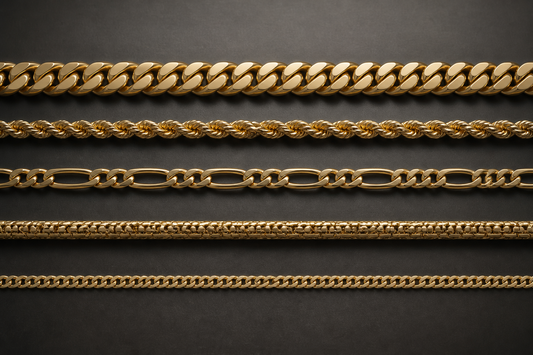Cuban link, rope, Figaro, herringbone and thin curb gold chains shown side by side on a dark background