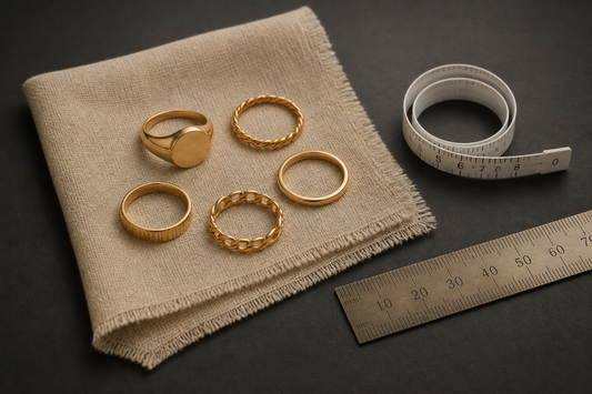 Gold rings on beige linen next to a measuring tape and a ruler for finding ring size