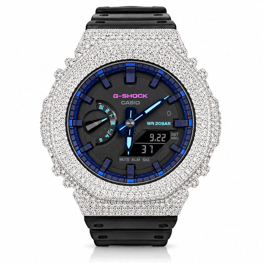Iced out moissanite G-Shock GA-2100 bust down watch with black band and blue dial