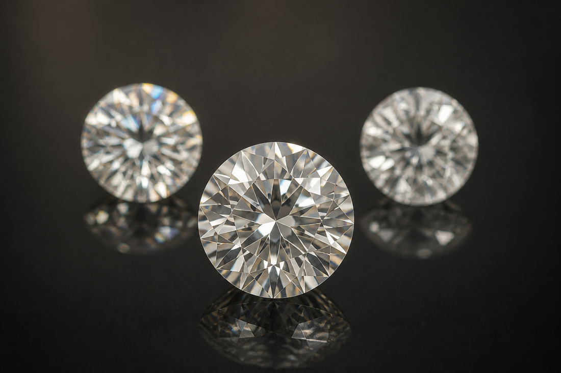 Three round brilliant-cut clear stones on a dark reflective surface