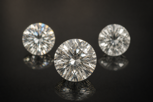 Three round brilliant-cut clear stones on a dark reflective surface