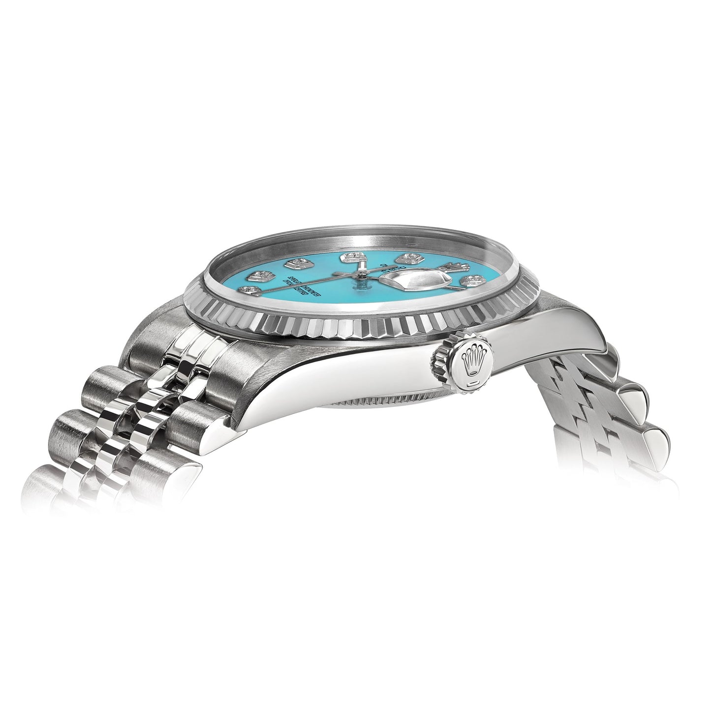 Pre-owned Rolex Datejust 36mm steel watch with teal diamond dial and 18K white gold fluted bezel, alternate view