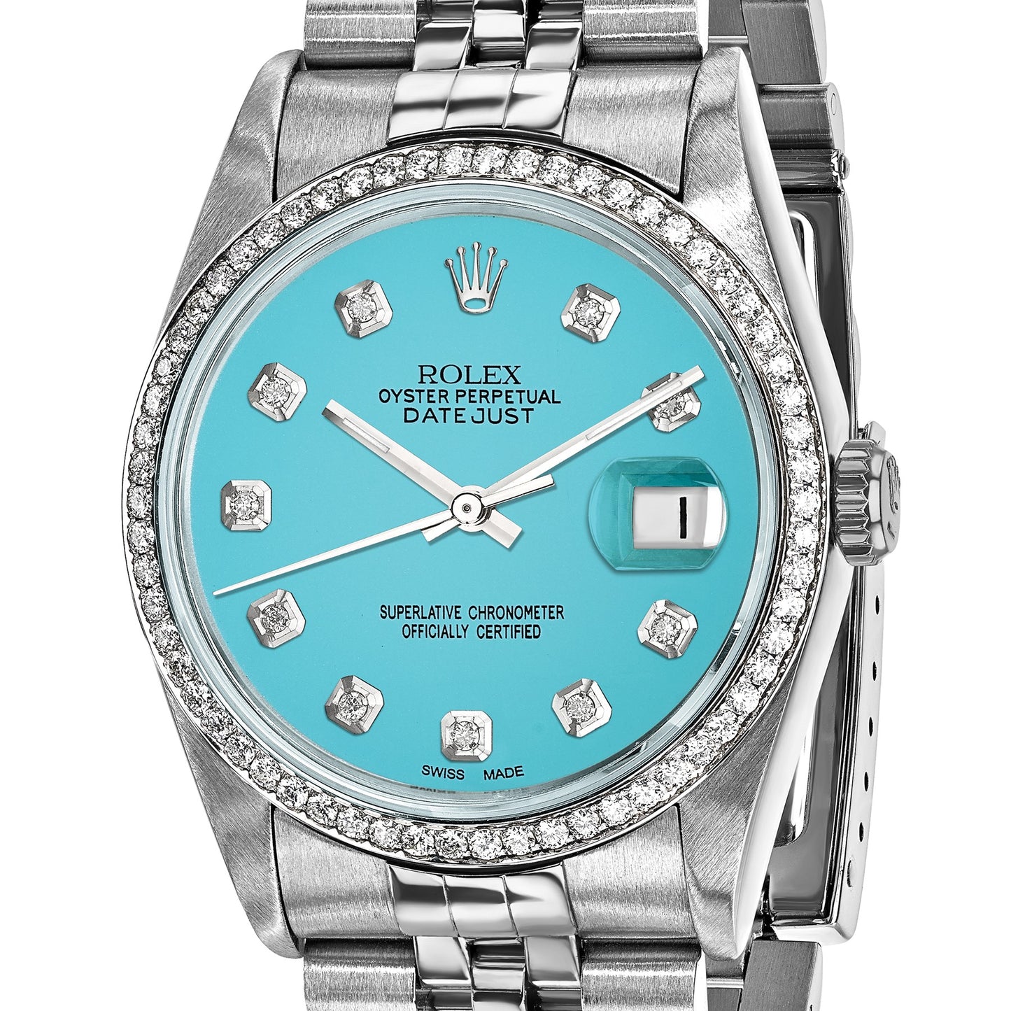 Pre-owned Rolex Datejust 36mm steel watch with teal diamond dial and 18K white gold fluted bezel, another angle