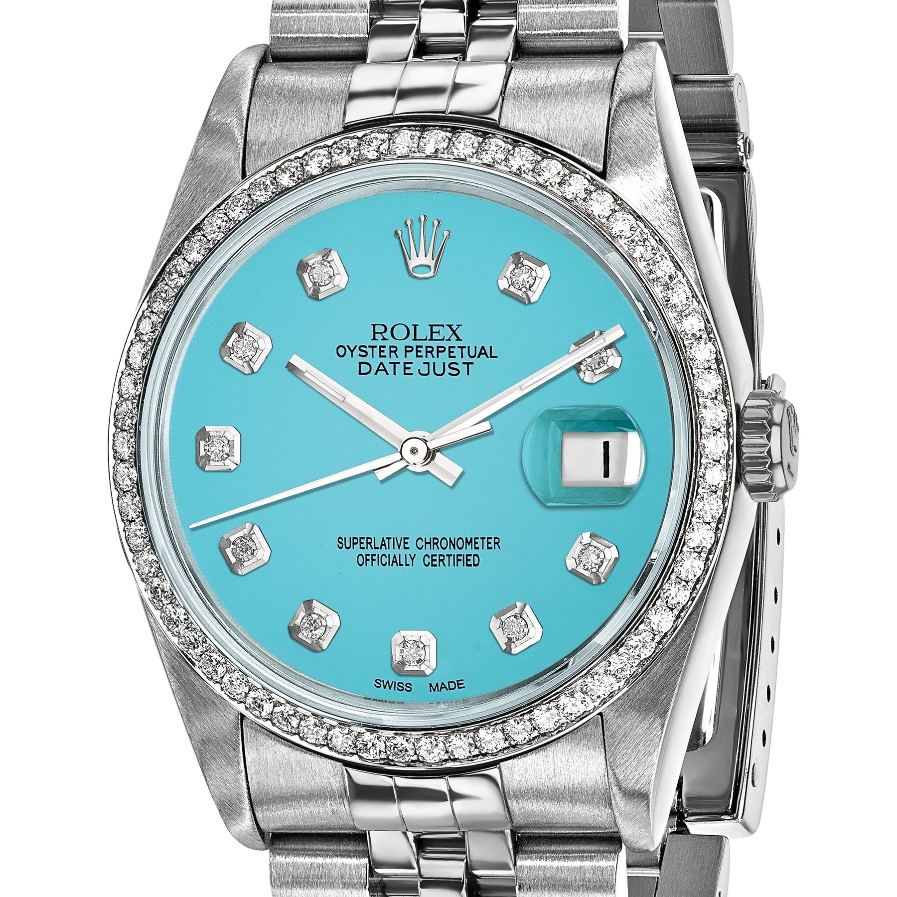 Pre-owned Rolex Datejust 36mm steel watch with teal diamond dial and 18K white gold fluted bezel, another angle