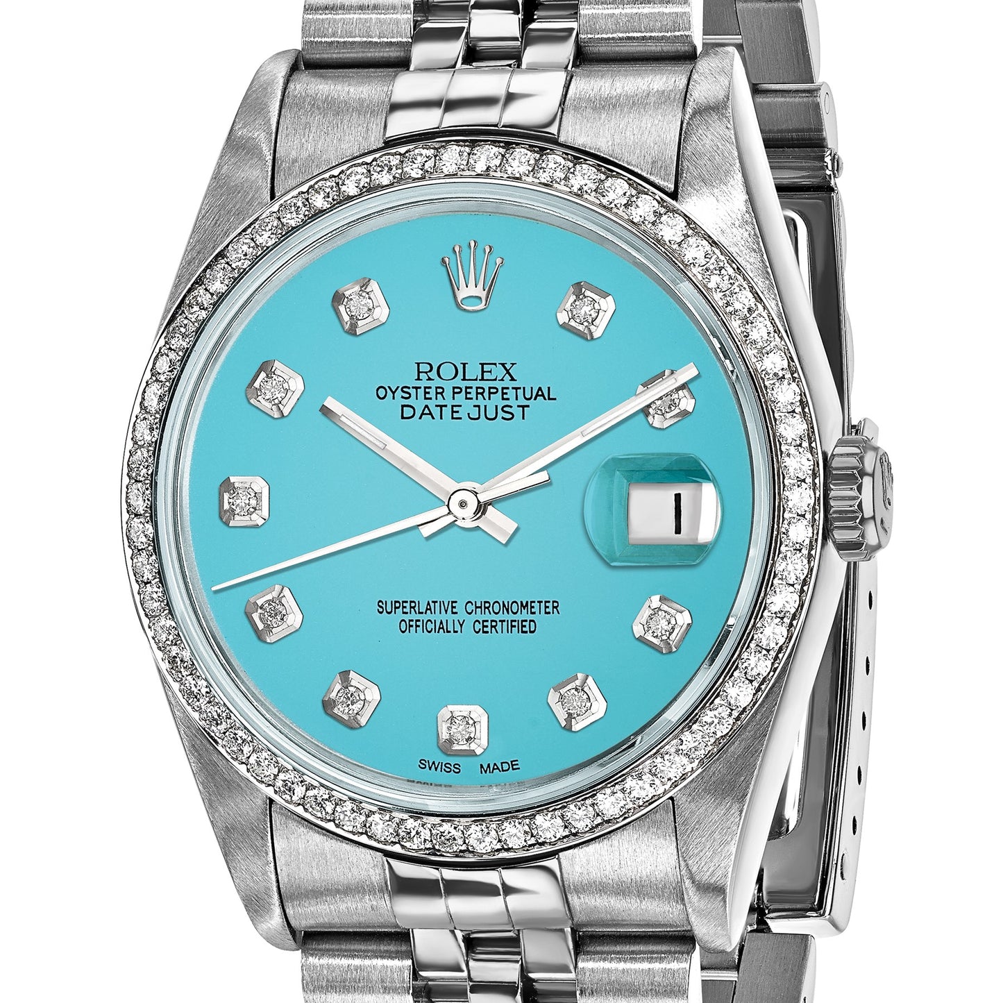 Pre-owned Rolex Datejust 36mm steel watch with teal diamond dial and 18K white gold fluted bezel, further view