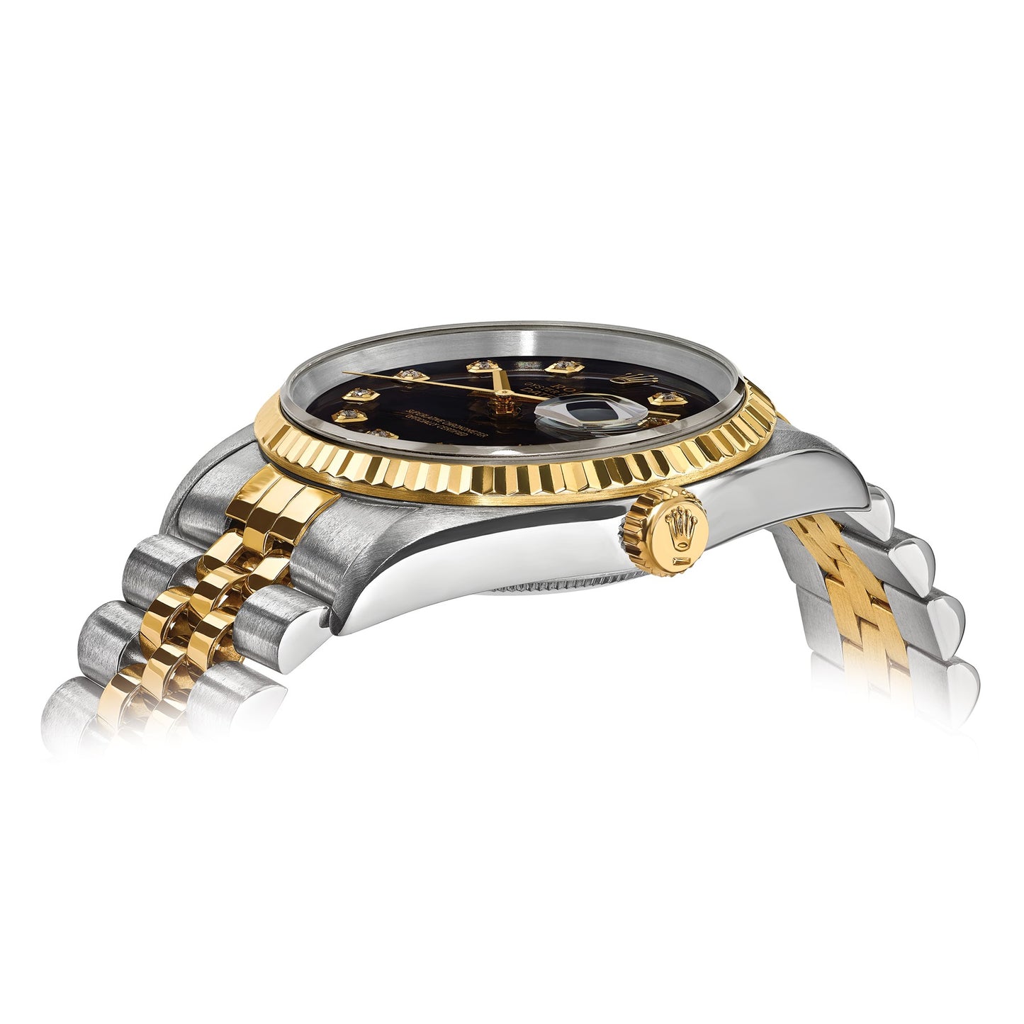 Pre-owned Rolex Datejust 36mm two-tone watch with black diamond dial and fluted bezel, alternate view