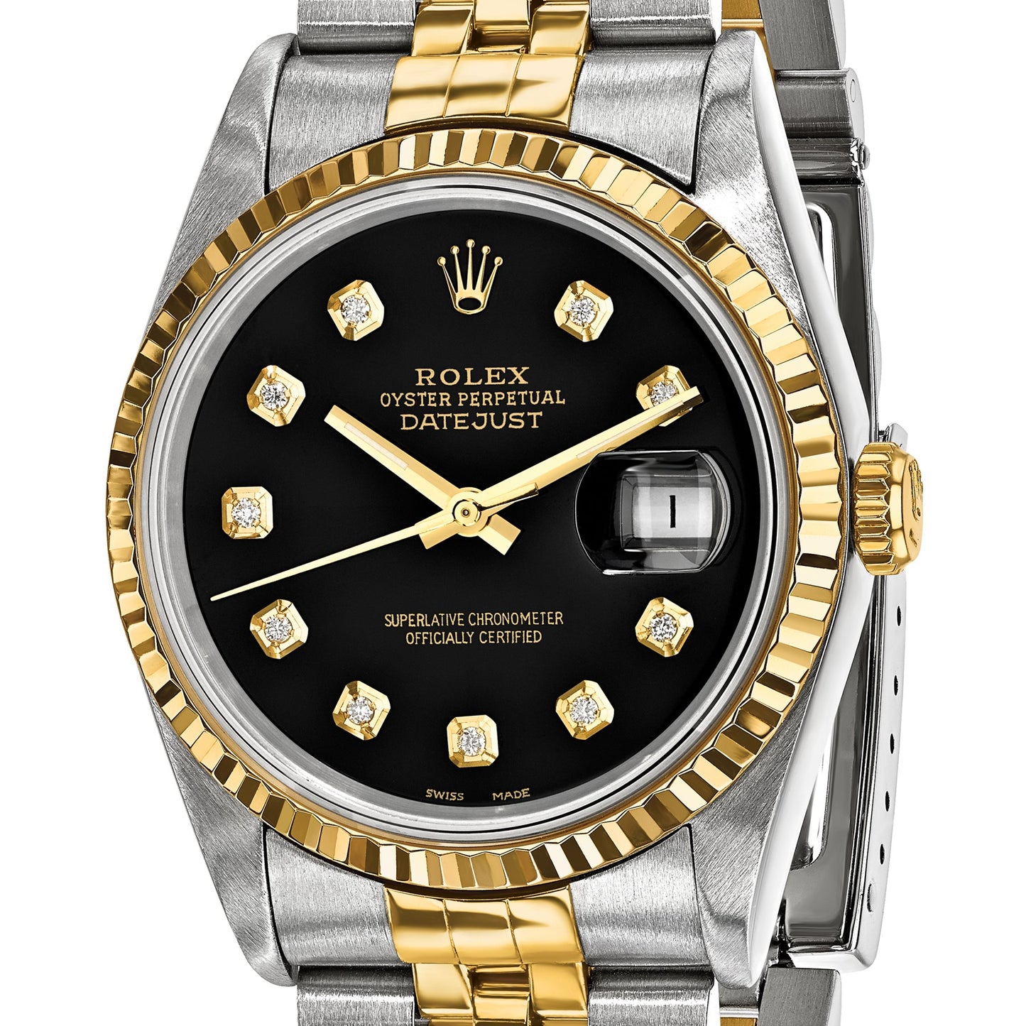 Pre-owned Rolex Datejust 36mm two-tone watch with black diamond dial and fluted bezel, further view