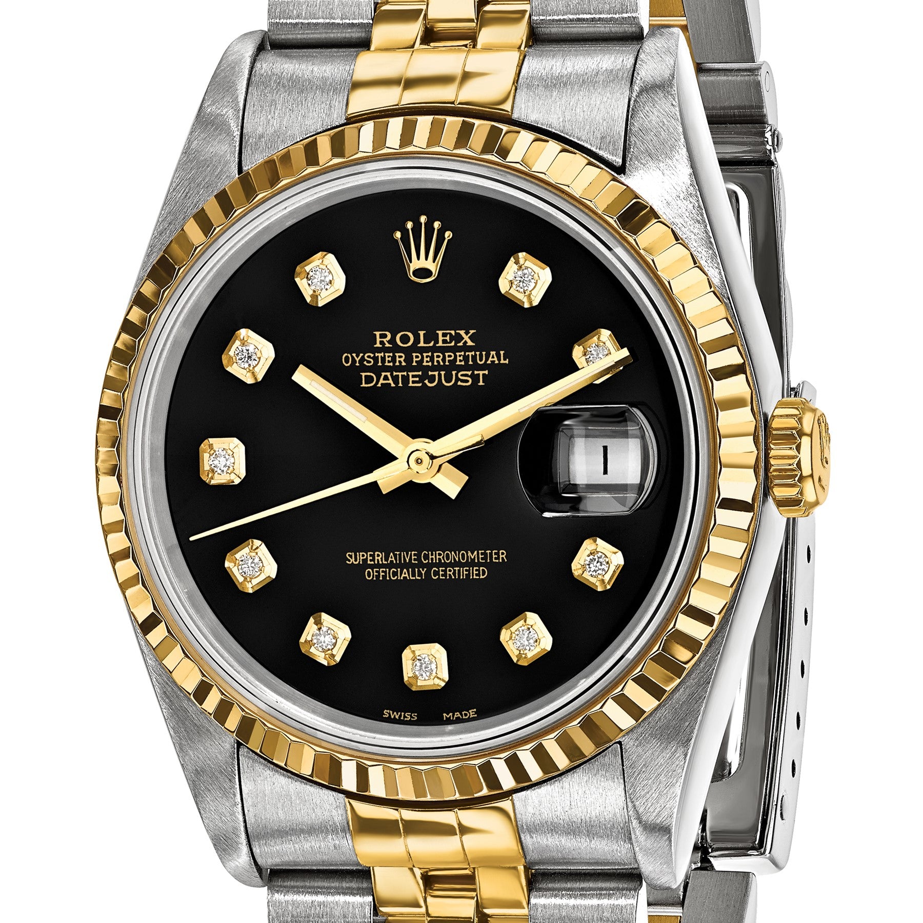 Pre-owned Rolex Datejust 36mm two-tone watch with black diamond dial and fluted bezel, further view