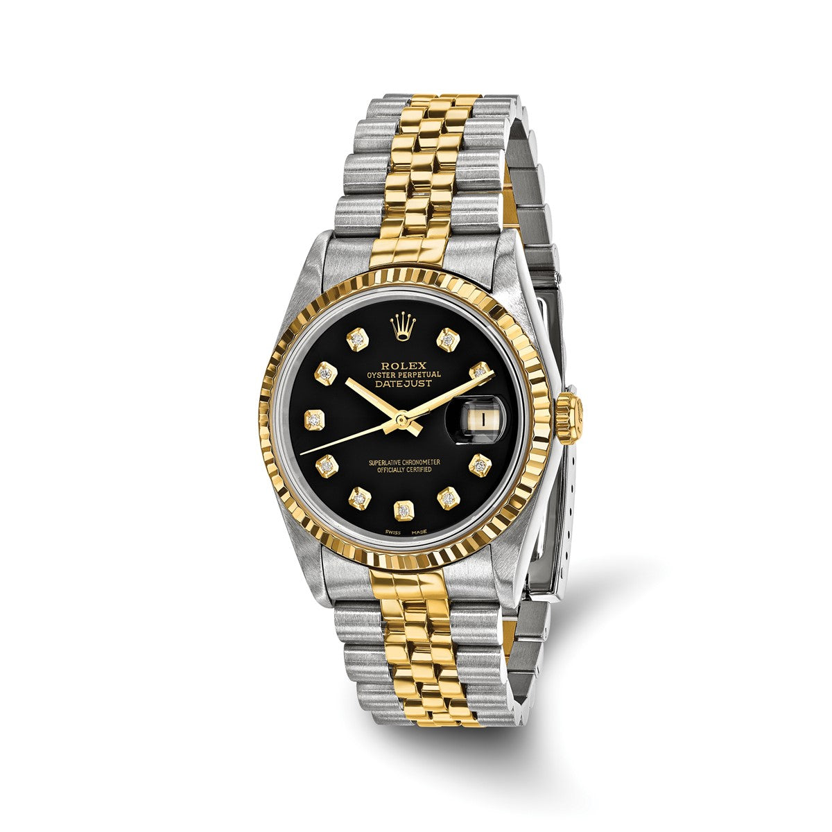 Pre-owned Rolex Datejust 36mm two-tone steel and 18K gold watch with black diamond dial and fluted bezel on a Jubilee bracelet