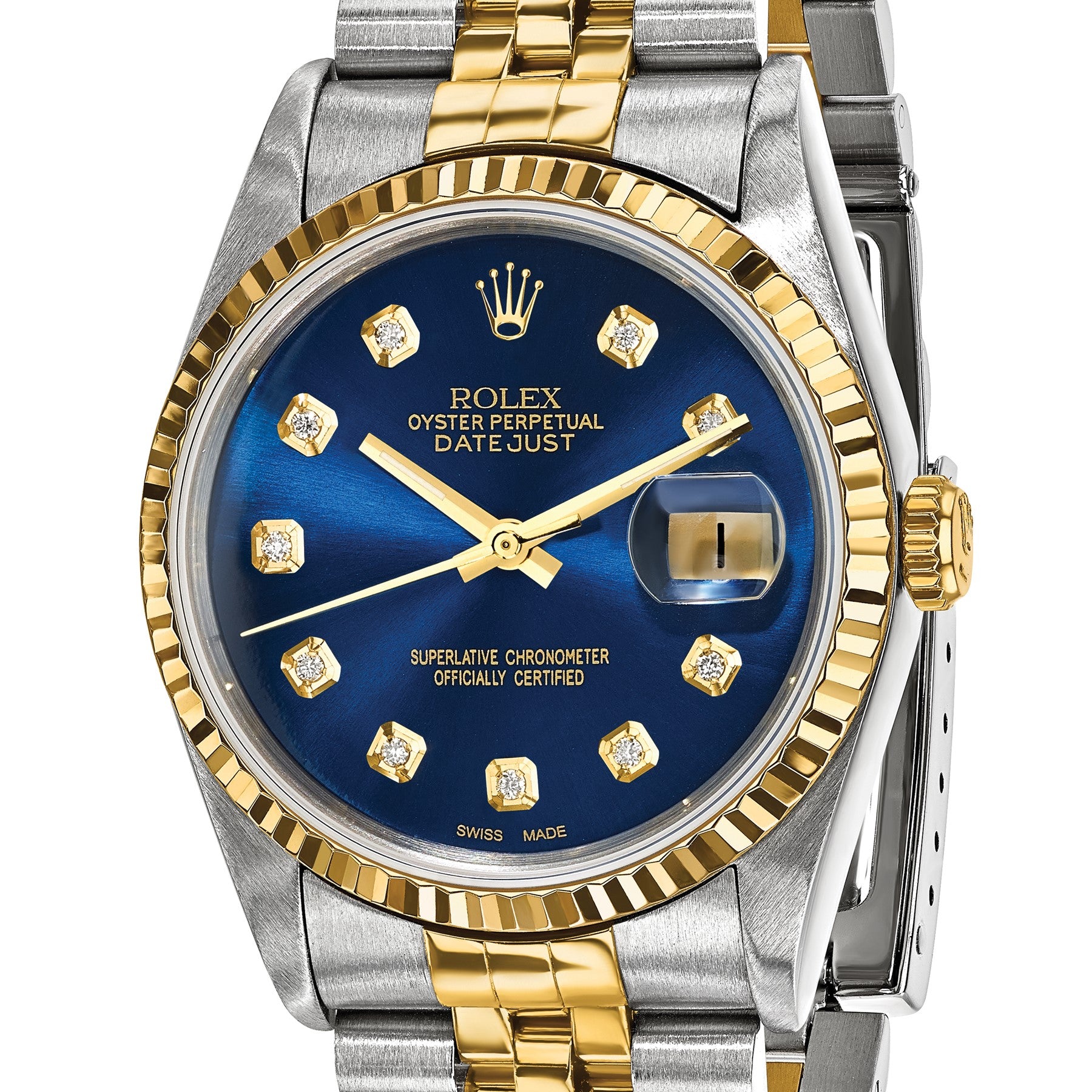 Pre-owned Rolex Datejust 36mm two-tone watch with blue diamond dial and fluted bezel, another angle