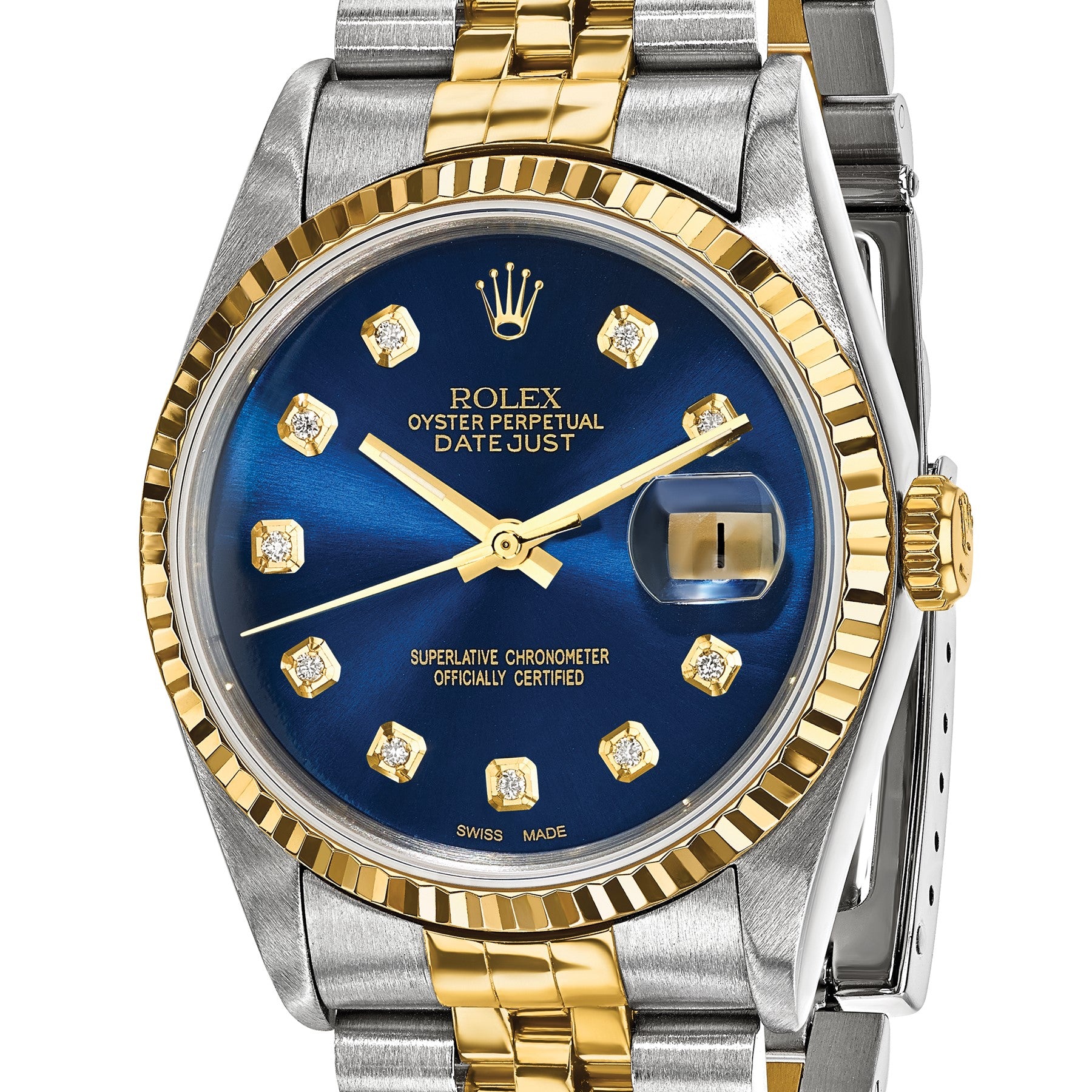 Pre-owned Rolex Datejust 36mm two-tone watch with blue diamond dial and fluted bezel, further view