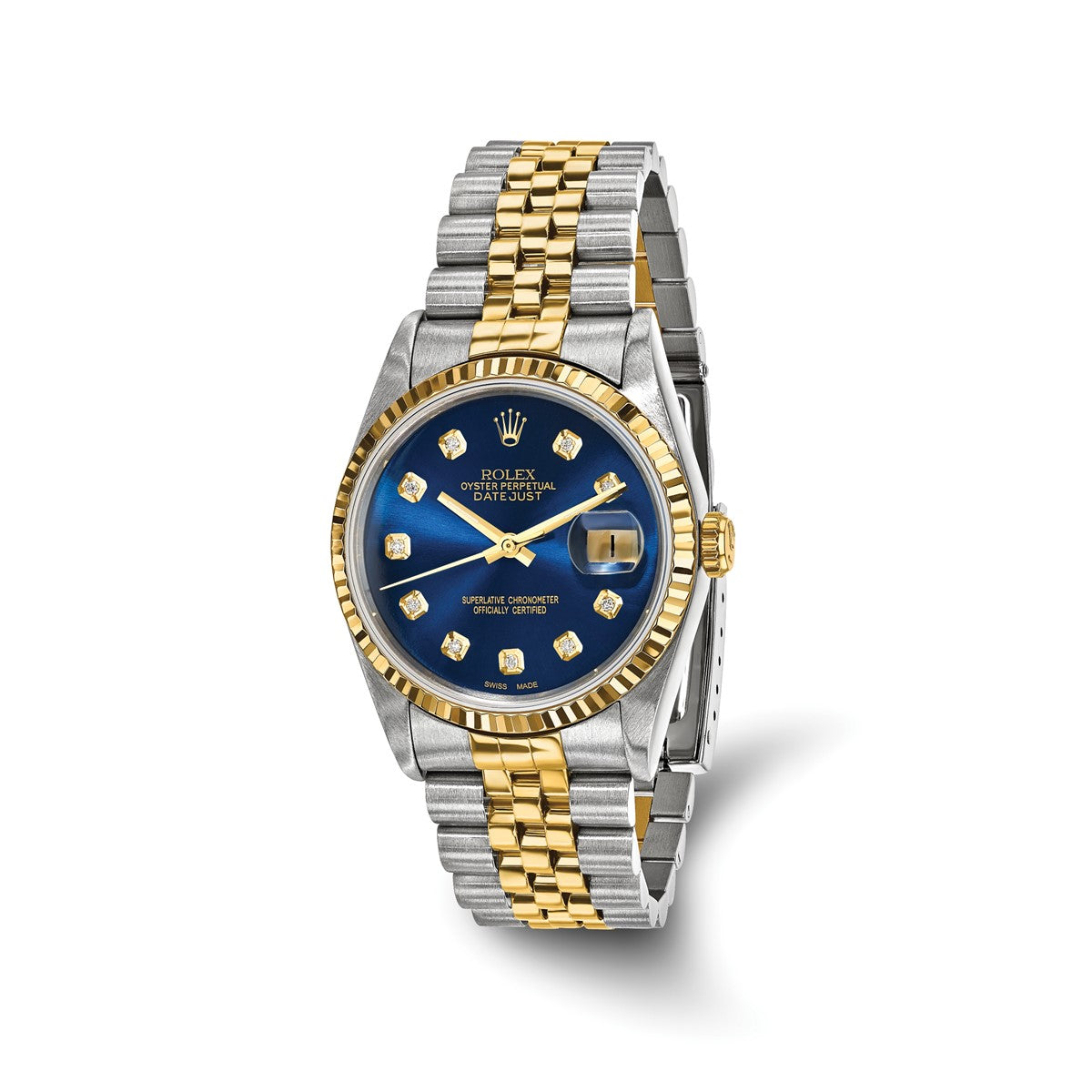 Pre-owned Rolex Datejust 36mm two-tone steel and 18K gold watch with blue diamond dial and fluted bezel on a Jubilee bracelet