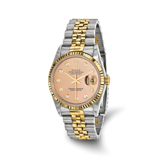 Pre-owned Rolex Datejust 36mm two-tone steel and 18K gold watch with copper diamond dial and fluted bezel on a Jubilee bracelet