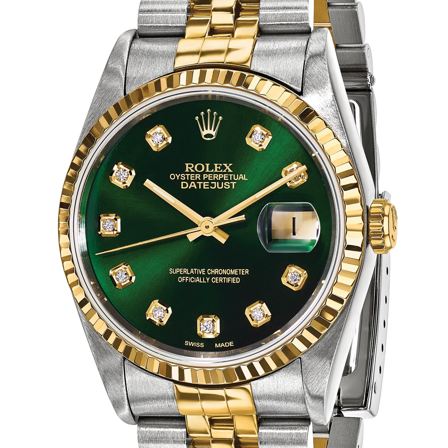 Pre-owned Rolex Datejust 36mm two-tone watch with green diamond dial and fluted bezel, further view