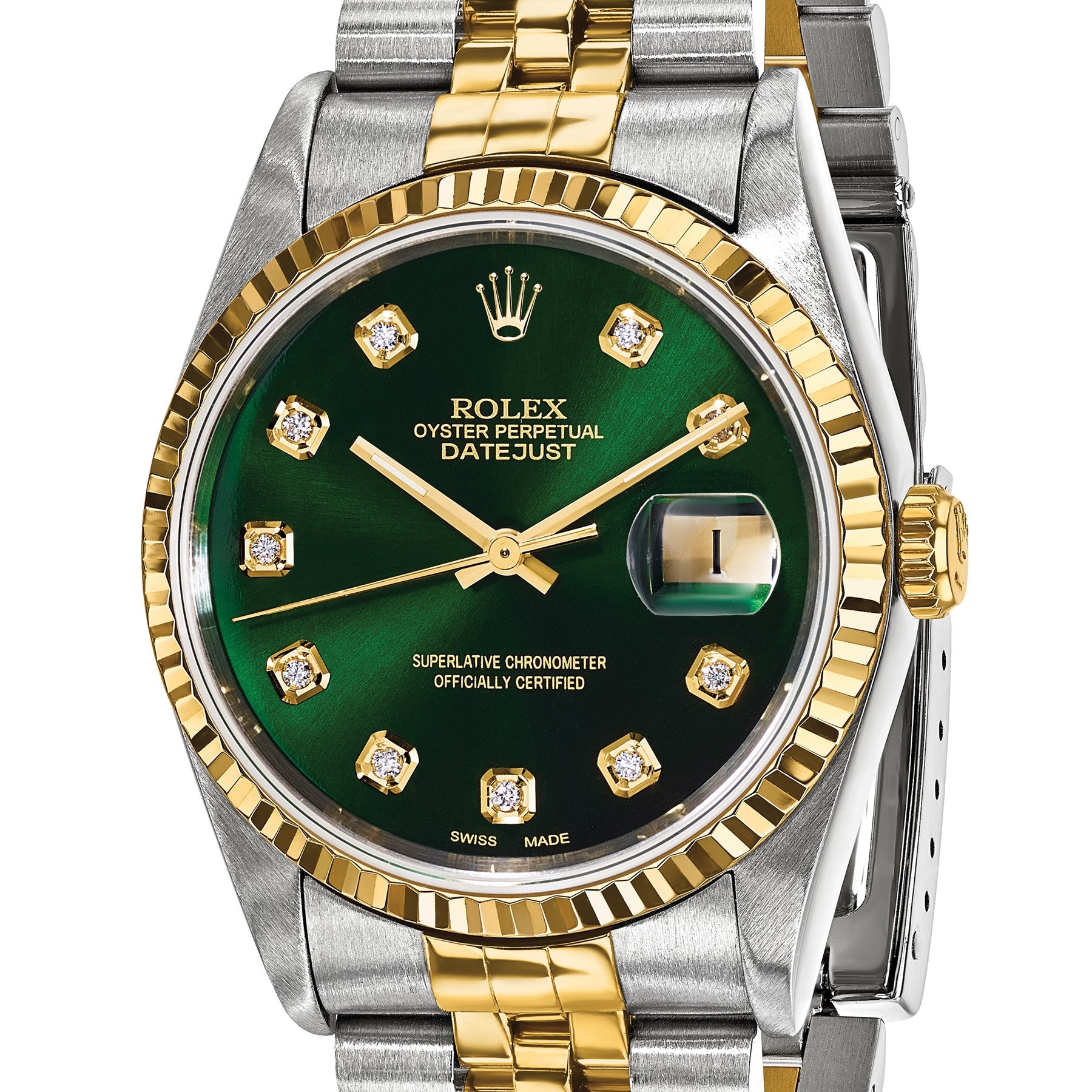 Pre-owned Rolex Datejust 36mm two-tone watch with green diamond dial and fluted bezel, further view