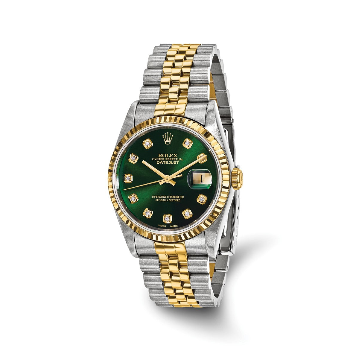 Pre-owned Rolex Datejust 36mm two-tone steel and 18K gold watch with green diamond dial and fluted bezel on a Jubilee bracelet