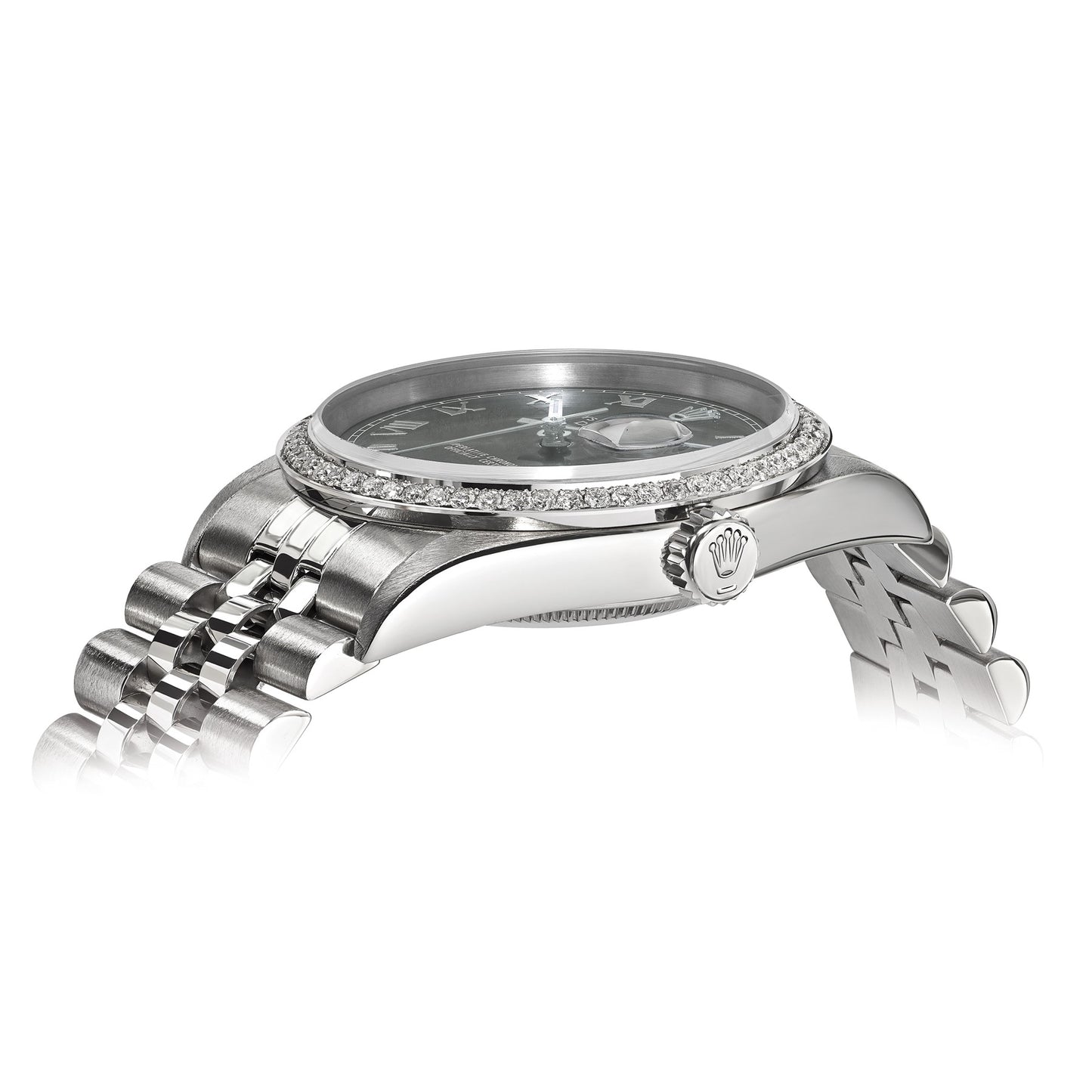Pre-owned Rolex Datejust 36mm steel watch with grey dial and diamond bezel, alternate view
