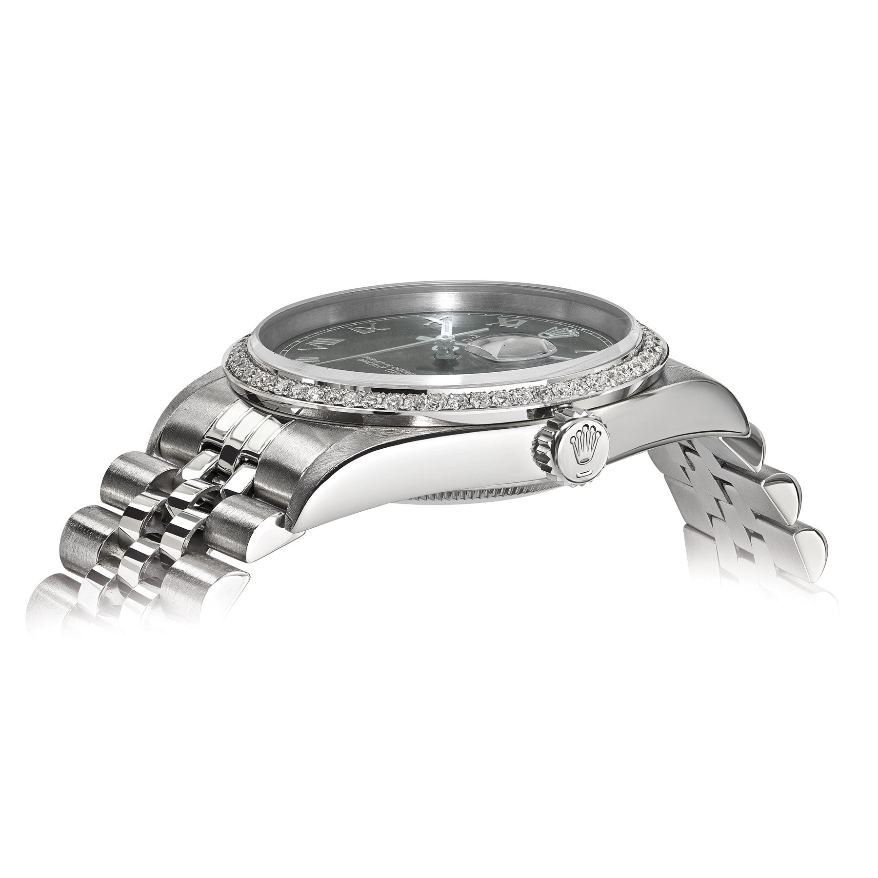 Pre-owned Rolex Datejust 36mm steel watch with grey dial and diamond bezel, alternate view