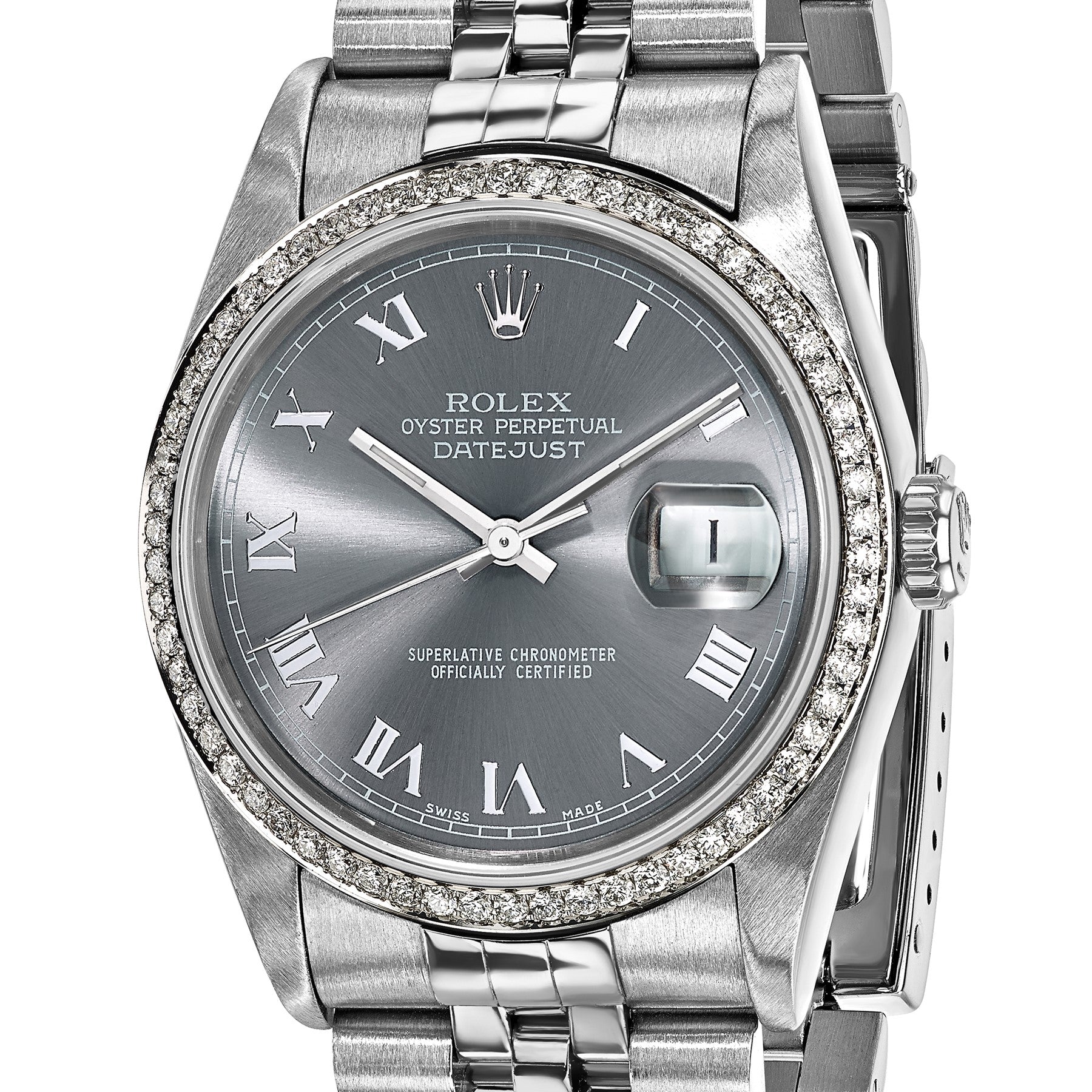 Pre-owned Rolex Datejust 36mm steel watch with grey dial and diamond bezel, another angle