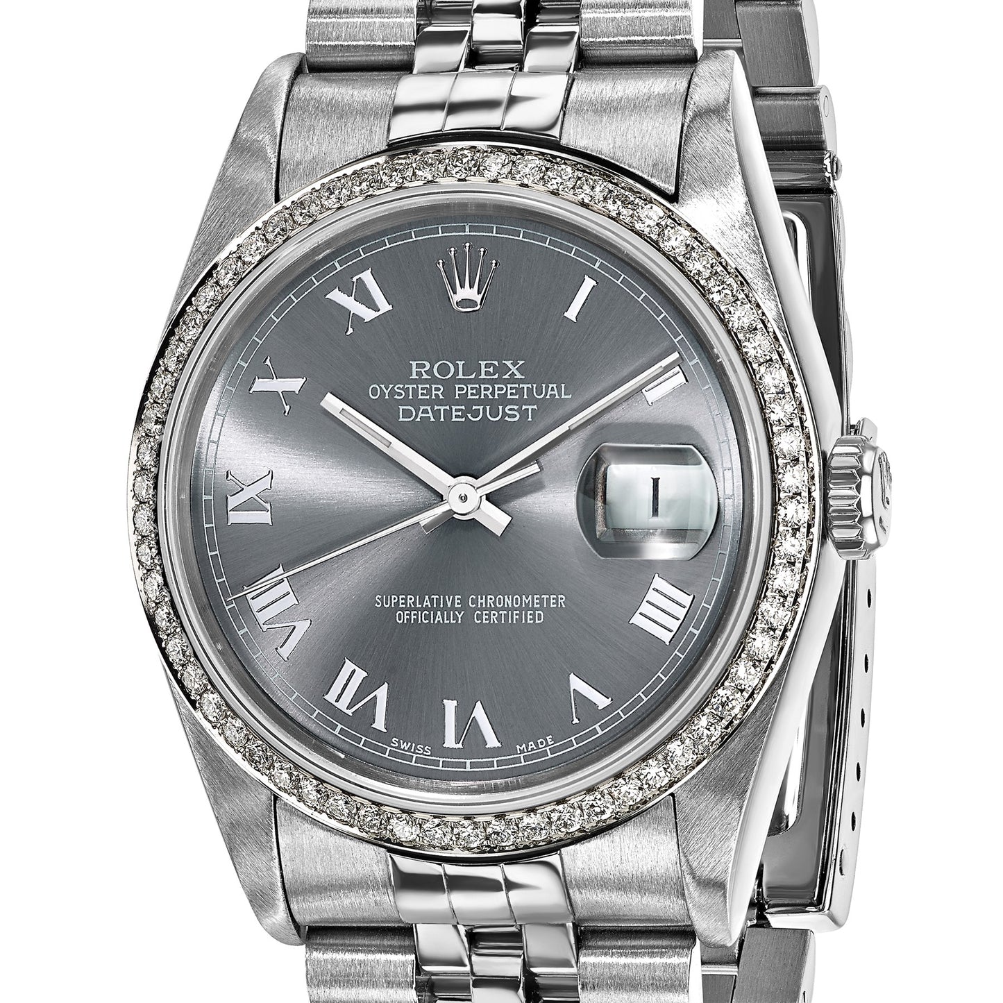 Pre-owned Rolex Datejust 36mm steel watch with grey dial and diamond bezel, further view