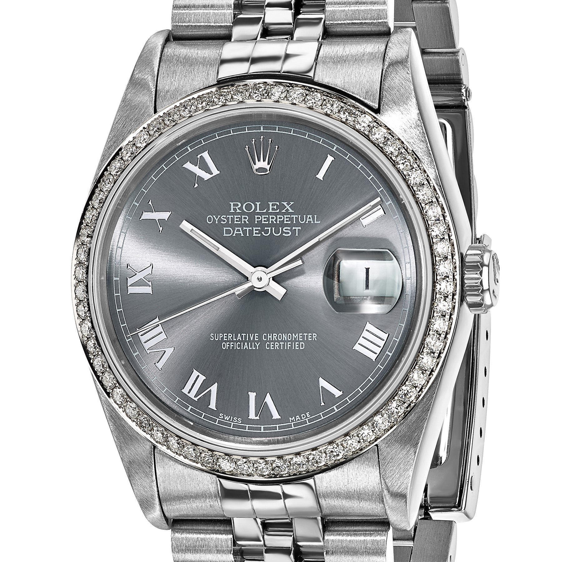Pre-owned Rolex Datejust 36mm steel watch with grey dial and diamond bezel, further view
