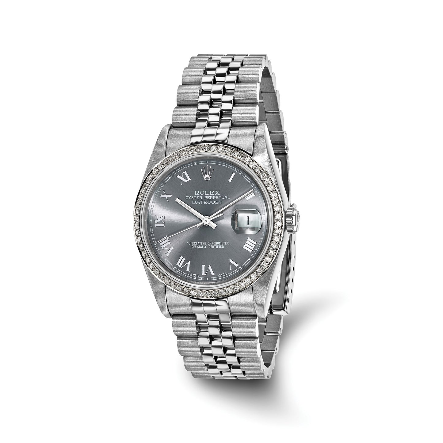 Pre-owned Rolex Datejust 36mm stainless steel watch with grey dial and diamond-set bezel on a Jubilee bracelet